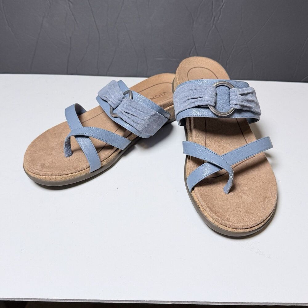 Vionic Landyn Sandals Women 10 Wide Blue Suede Leather Toe Loop NWOB